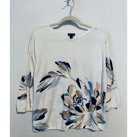 J Jill Wearever Collection Sweater Womens Medium White Floral Linen Blend Beach - Picture 1 of 8